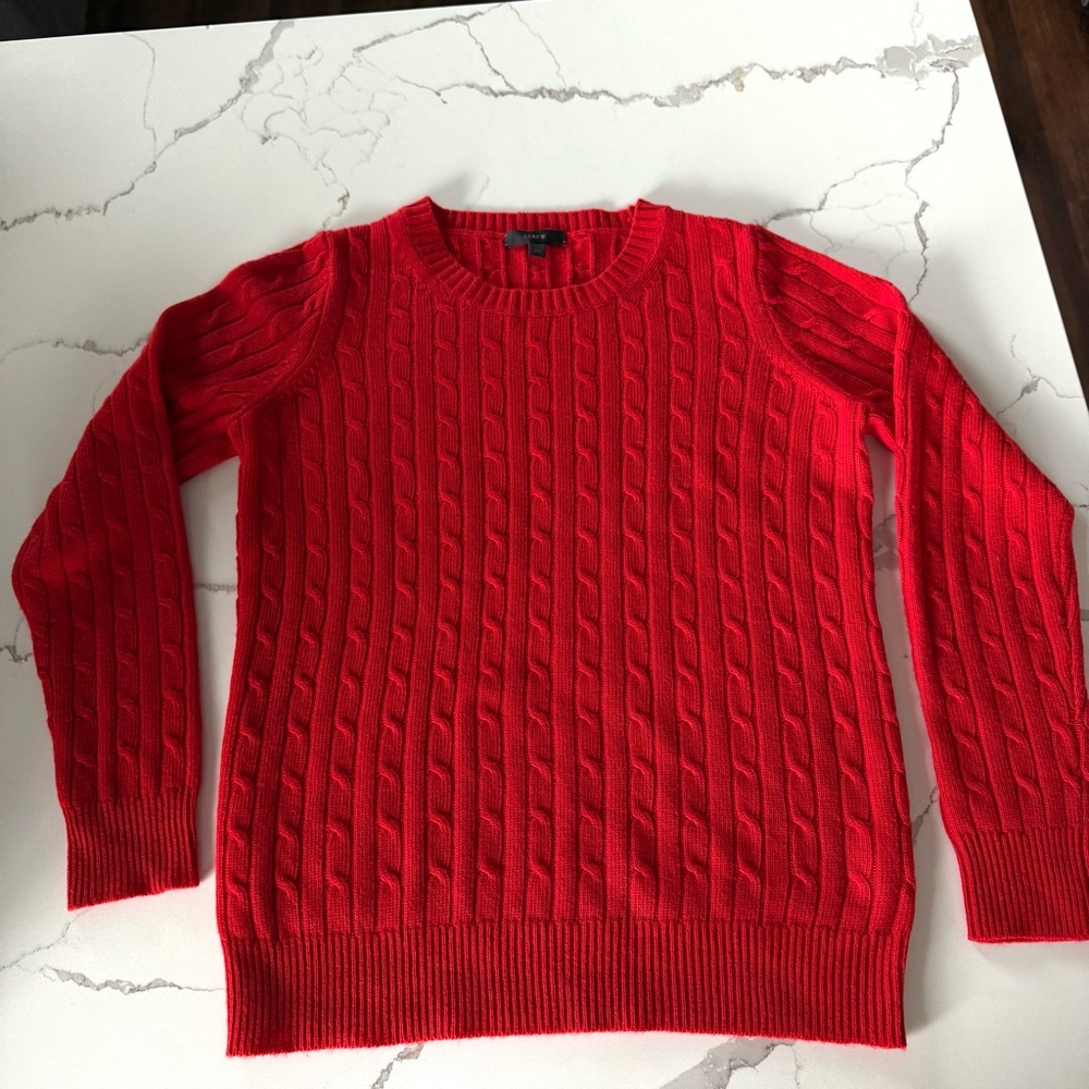 J Crew Sweater Cable Knit Crewneck Wool Blend Vibrant Red Size Petite M